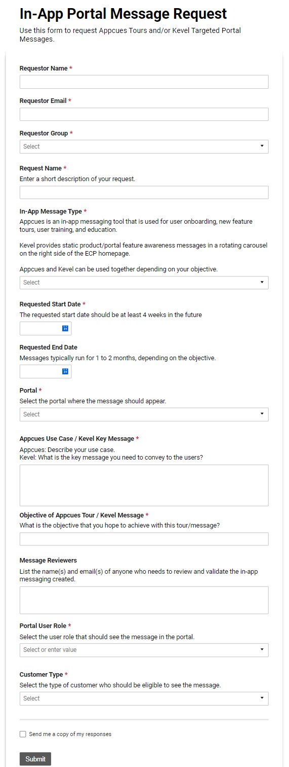 Appcues tour request intake form used by the cross-functional team