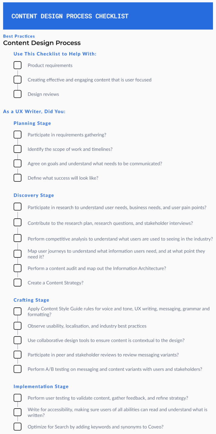 Content design checklist used to review UI messaging before release